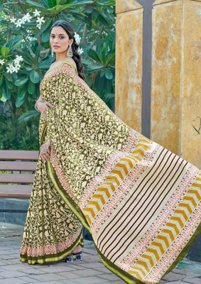 Divastri Floral Print Chanderi Cotton Blend Saree(Green)