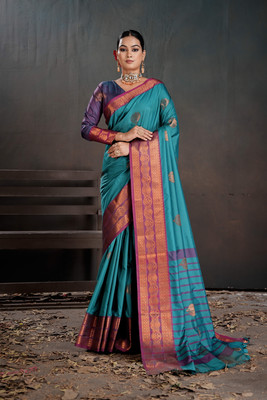 PEENGAX Woven Handloom Silk Blend Saree(Blue)