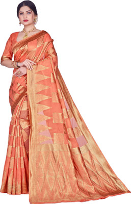 SHRIMAY Color Block, Self Design, Checkered Banarasi Cotton Silk Saree(Orange)