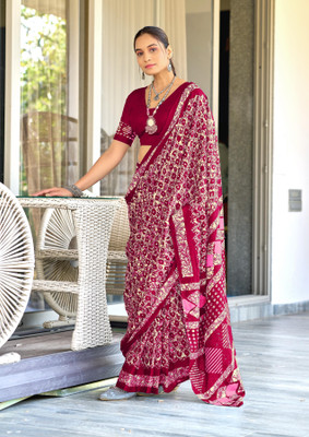 Divastri Blocked Printed Chanderi Cotton Blend Saree(Maroon)