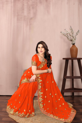 Om Shantam sarees Embroidered Bollywood Georgette Saree(Orange)