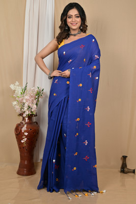 Aanchal Self Design Handloom Pure Cotton Saree(Blue)