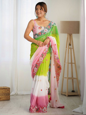 ANOUK Embroidered Banarasi Georgette Saree(Green)