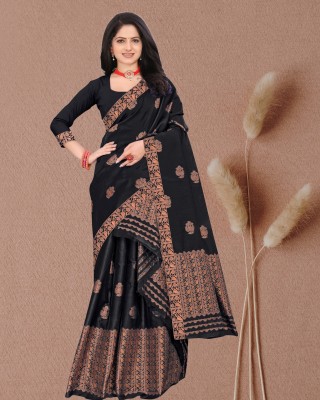 North East Looms Self Design Mekhela Chador Silk Blend Saree(Black)