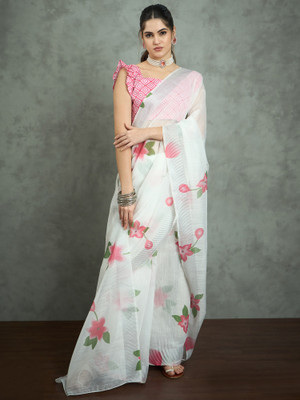 Divastri Printed Hand Batik Cotton Blend Saree(White)