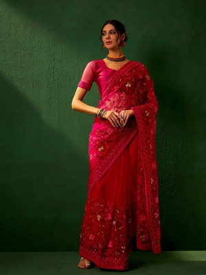 manvaa Embroidered Bollywood Net Saree(Pink)