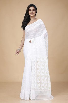 ADbuti Woven, Self Design Jamdani Cotton Blend Saree(White)