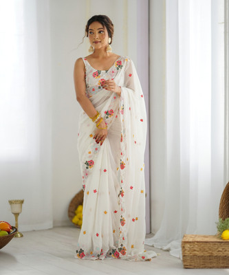 Sareemall Embellished Bollywood Georgette Saree(White)