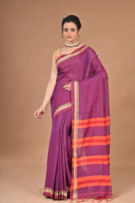 BalikaTextile Solid/Plain Handloom Cotton Blend Saree(Purple)