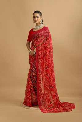 DURGA CRETION Digital Print Bandhani Georgette Saree(Red)