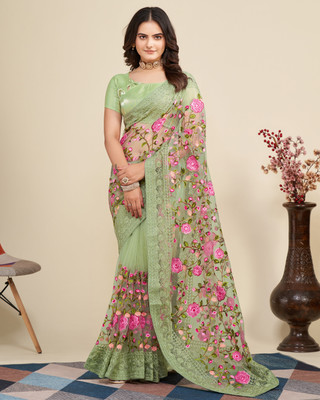 Sasta Bazar Embroidered Bollywood Net Saree(Light Green)
