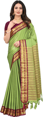 Paramparik Textile Temple Border, Solid/Plain Banarasi Cotton Silk Saree(Green)