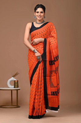 Tetarwal Printed Daily Wear Pure Cotton Saree(Orange, Black)