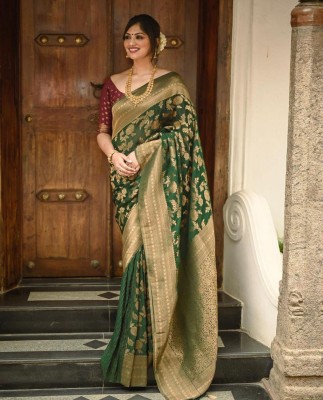Anjaneya Sarees Woven Kanjivaram Silk Blend Saree(Green)