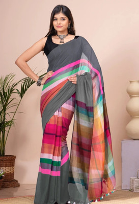 PARTHA BISWAS Embellished Handloom Cotton Blend Saree(White)