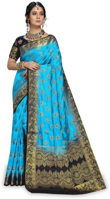 iZibra Self Design, Woven Banarasi Pure Silk, Cotton Silk Saree(Dark Blue, Light Blue)