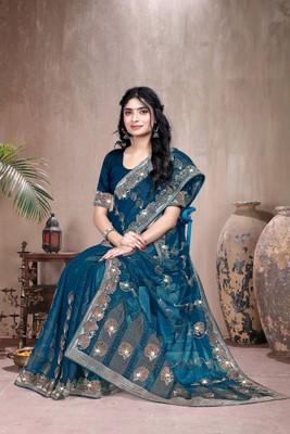 balaji textiles Embroidered, Embellished Bollywood Georgette Saree(Light Blue)