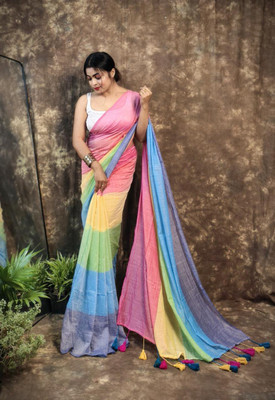 Lakshmi Boutique Striped, Printed Handloom Mulmul Saree(Pink)