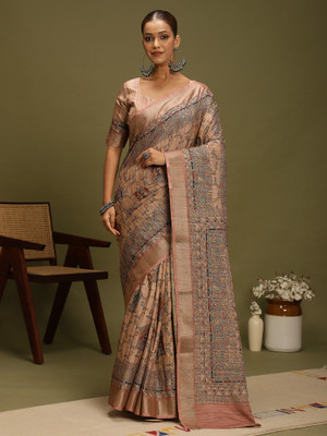 ANOUK Digital Print Hand Batik Satin, Silk Blend Saree(Beige)