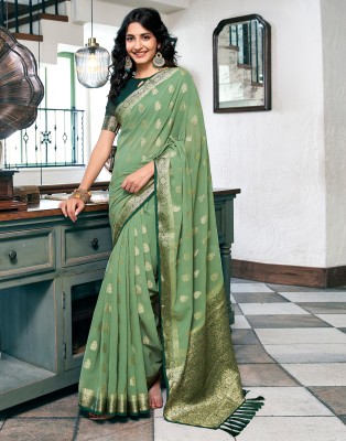 Samah Dyed, Woven Bollywood Georgette Saree(Green, Dark Green)