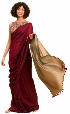 Kumaresh Creation Color Block Tant Cotton Silk Saree(Maroon)