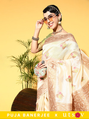 Divastri Floral Print Banarasi Silk Blend Saree(Cream)
