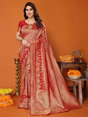 HouseOfCommon Embroidered Banarasi Cotton Silk Saree(Red)