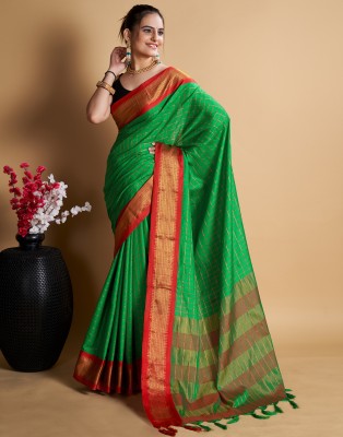 Samah Woven, Embellished, Self Design Banarasi Cotton Silk, Art Silk Saree(Green, Red, Gold)