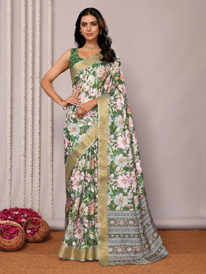 Janasya Printed, Floral Print Chanderi Silk Blend Saree(Green)