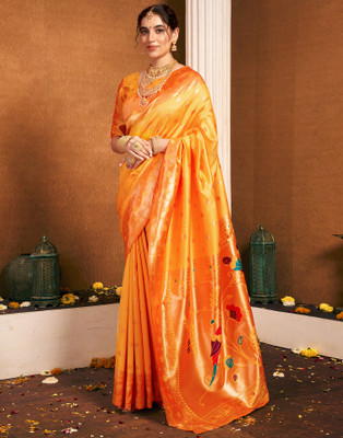 Samah Woven, Embellished Paithani Silk Blend, Jacquard Saree(Yellow)