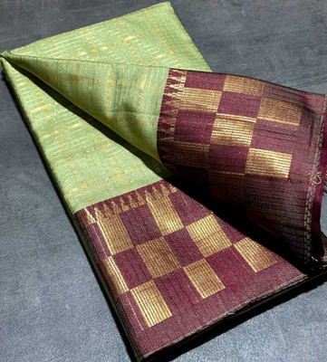 JbWorld Checkered, Woven, Self Design, Embellished Chettinadu Jacquard, Cotton Silk Saree(Light Green, Maroon)