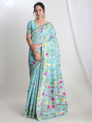 Janasya Woven Banarasi Silk Blend Saree(Light Blue)