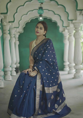 rujave Woven Kanjivaram Linen Saree(Dark Blue)