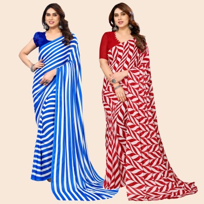 Anand Sarees Printed, Striped Daily Wear Georgette Saree(Pack of 2, Light Blue, White, Red)