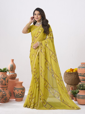 Laxmipati sarees Printed Saree with Attached Blouse Silk Blend Saree(Yellow)