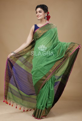 SLAGHA Woven, Embellished, Self Design Assam Silk Handloom Cotton Silk Saree(Light Green, Blue)