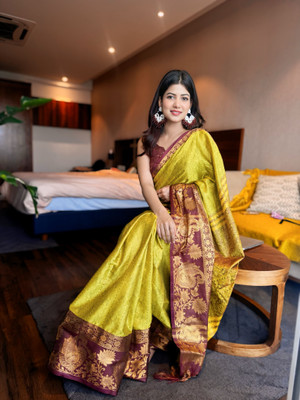 yourwish Woven KHASI DHARA CONTRAST Cotton Silk Saree(Light Green, Maroon, Gold)