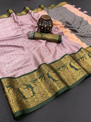 Wamsi Printed Assam Silk Pure Silk Saree(Green, Pink)
