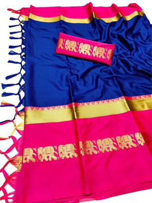 Vishal Creations Woven Banarasi Cotton Silk Saree(Blue)