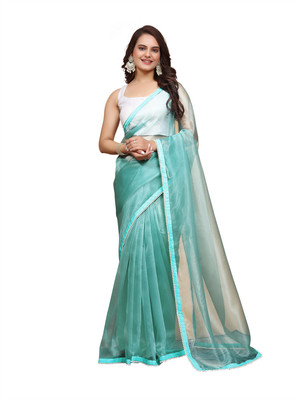 MK WOMENS Solid/Plain Bollywood Organza Saree(Blue)