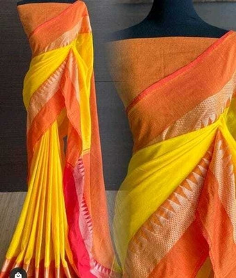 Sthaker Temple Border Handloom Cotton Blend Saree(Yellow)
