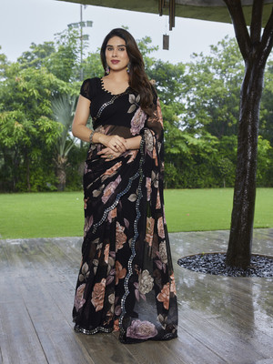 TTH Floral Print Bollywood Georgette Saree(Orange, Pink, Black)