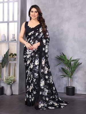 Moda Rapido Printed Bollywood Georgette Saree(Black, White)