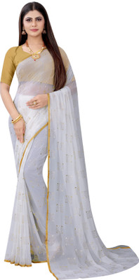 Desi Style Printed Bollywood Net, Chiffon Saree(White)