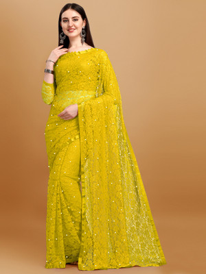 LOROFY Embellished Bollywood Net Saree(Yellow)