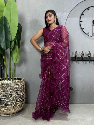 Zintargo Embroidered Bollywood Net Saree(Purple)