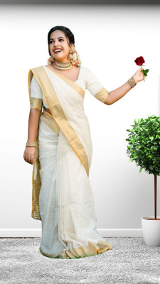 ShriSaree Striped Bollywood Pure Cotton Saree(White)