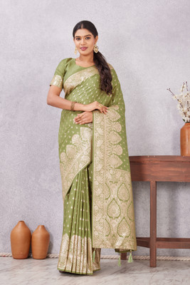PRAUDO Woven Banarasi Satin Saree(Light Green)