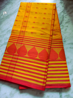 J KunduHouse Self Design Tant Pure Cotton Saree(Yellow)