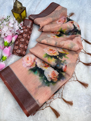 Divastri Digital Print Banarasi Cotton Linen Saree(Brown)